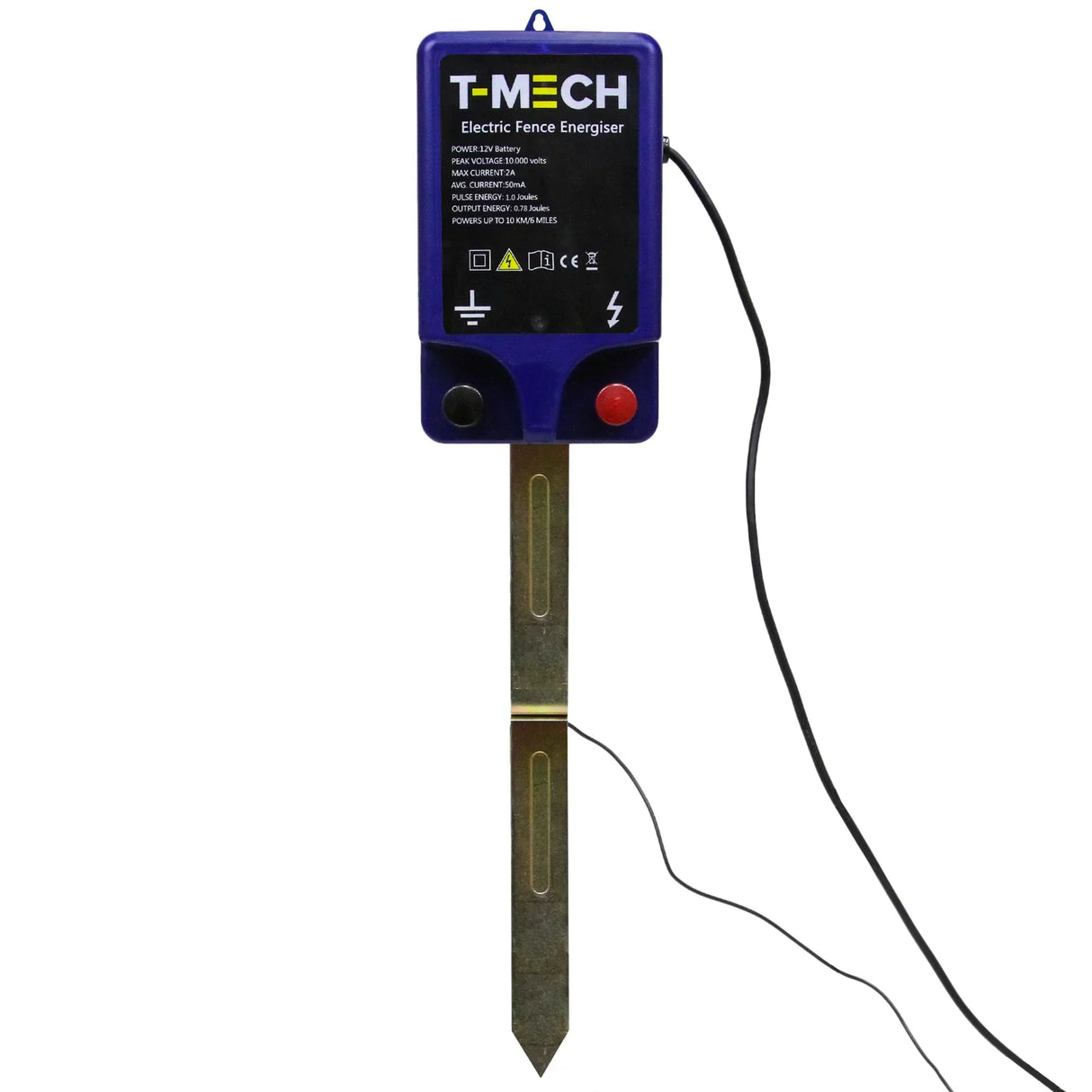 T-MECH electric fence energiser with a blue casing, metal stake, and attached wire, designed for effective poultry netting use
