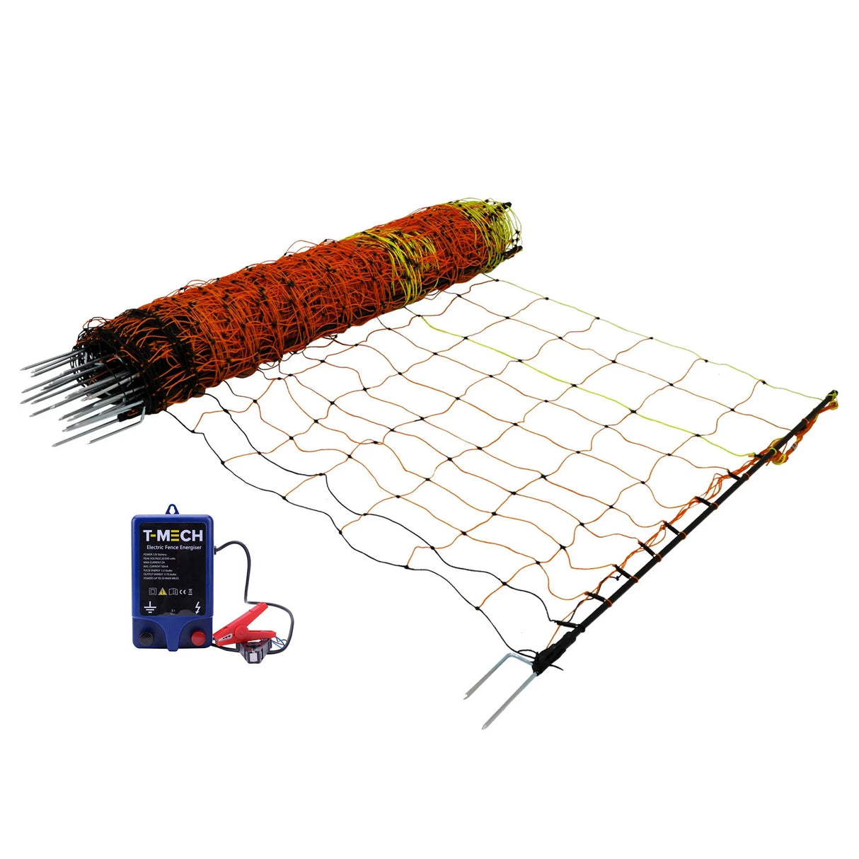 Electric fence energiser with a blue control unit and 50m orange and black poultry netting, featuring sturdy posts and a mesh design