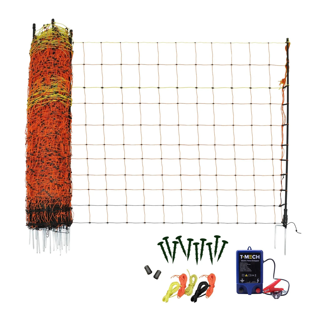 Electric fence energiser with vibrant orange poultry netting, 50m long, includes grounding rods and connectors for easy setup