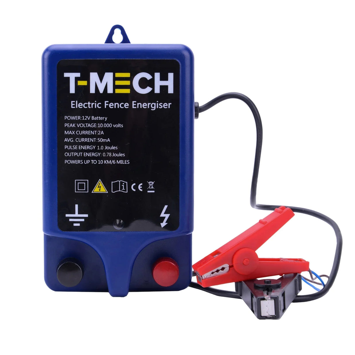 Blue electric fence energiser with red and black clips, displaying power specifications and output details for effective use
