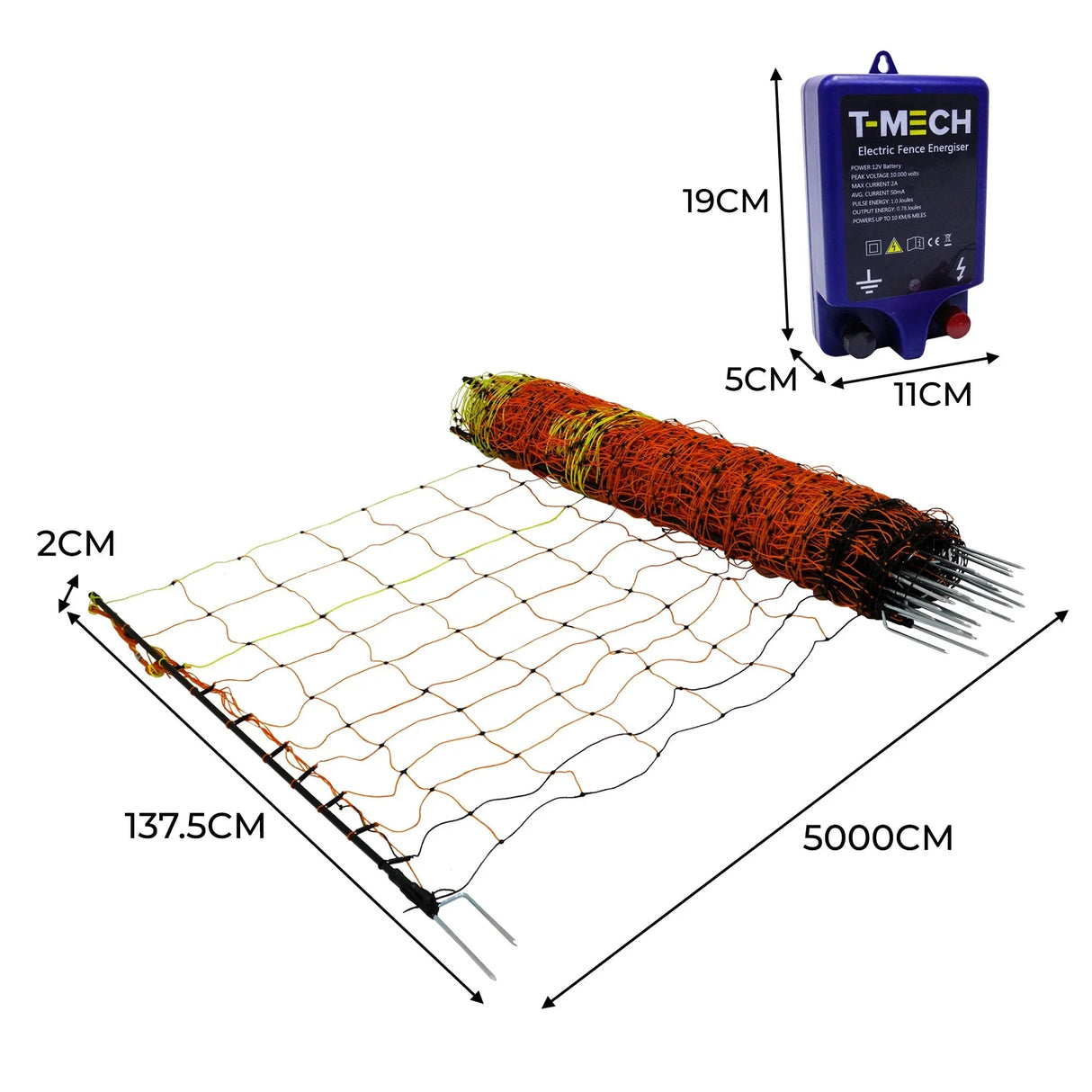 Electric fence energiser in blue with poultry netting, featuring vibrant orange and yellow strands, measuring 50m long and 137.5cm high