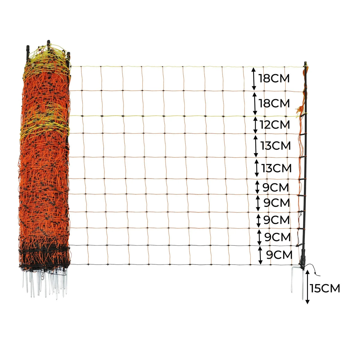 Electric fence energiser and poultry netting, 50m, featuring vibrant orange and yellow colors, with clear height markers for easy setup