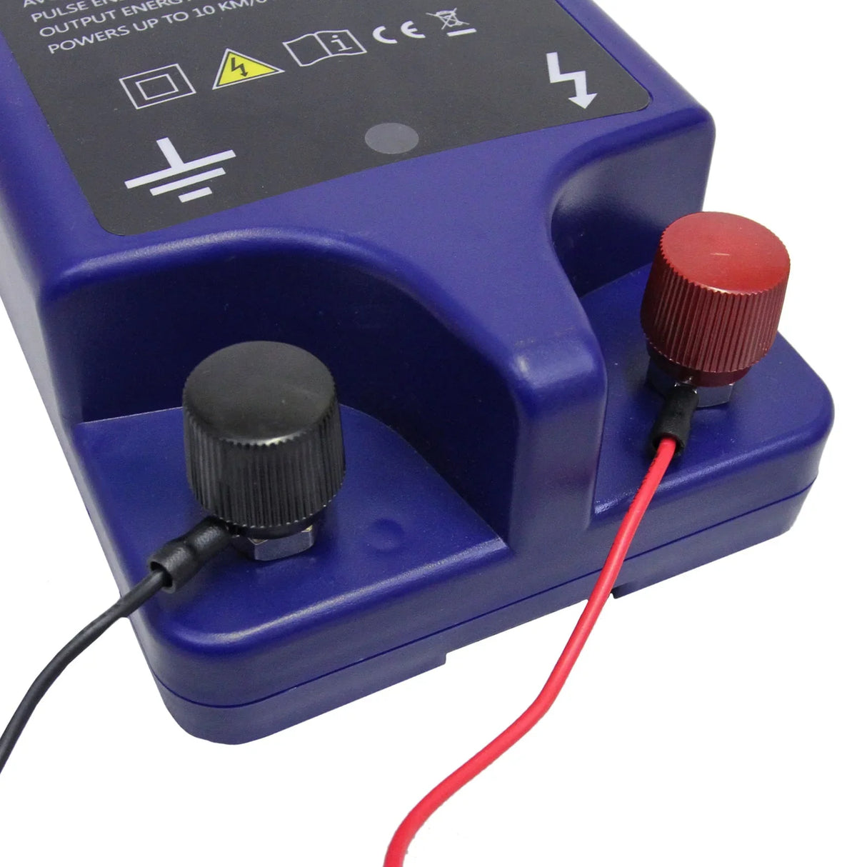 Purple electric fence energiser with red and black terminals, designed for powering poultry netting up to 50m in length