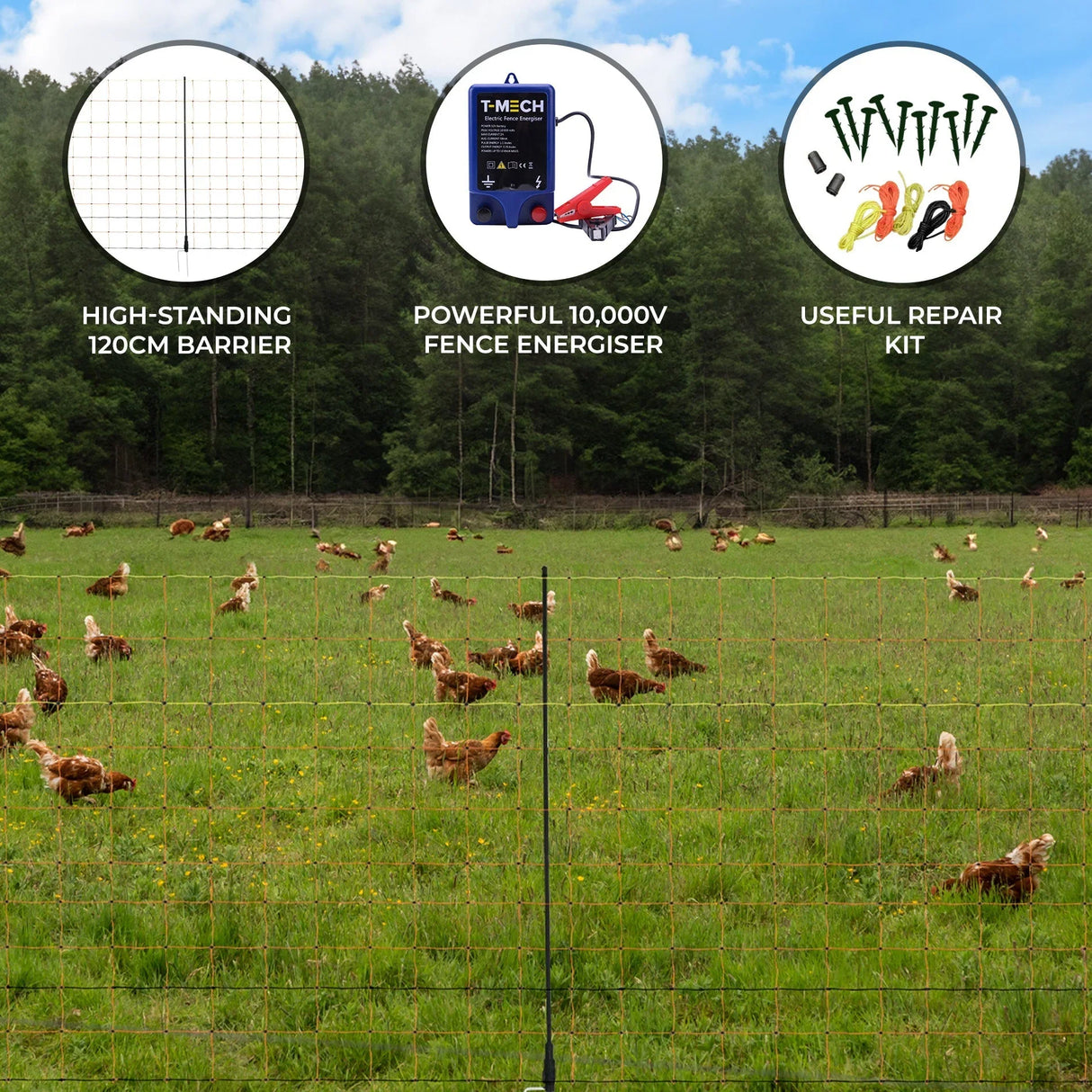 Electric fence energiser with 10,000V output, 50m poultry netting, and repair kit in a grassy field with chickens roaming
