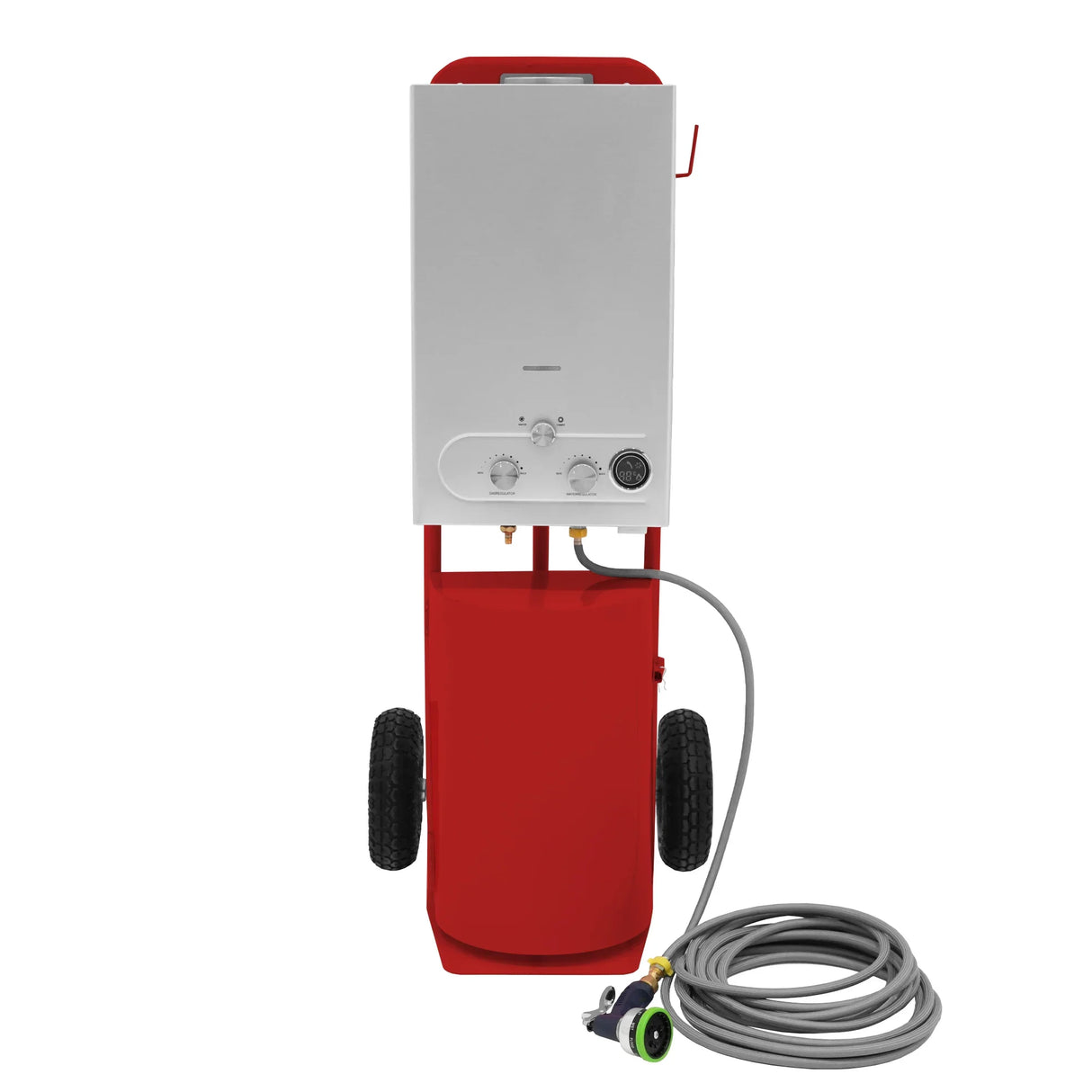 Deluxe Portable Horse Shower in vibrant red, featuring a sturdy design, wheels for mobility, and a flexible hose for easy use
