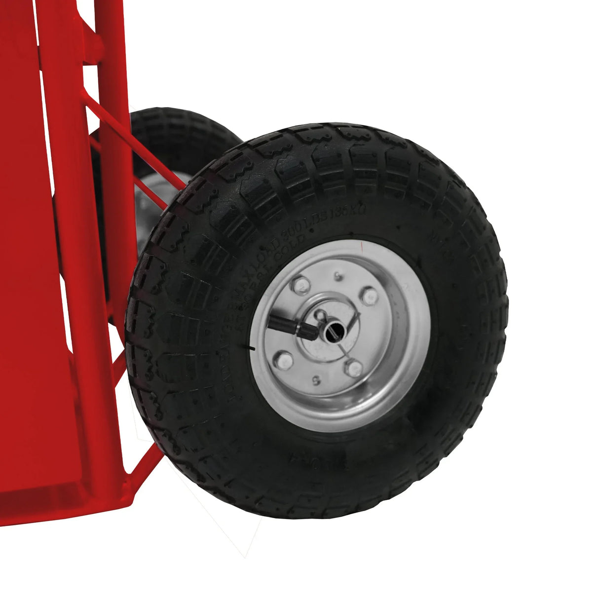 Red Deluxe Portable Horse Shower featuring a sturdy black wheel with textured tread for easy mobility and stability