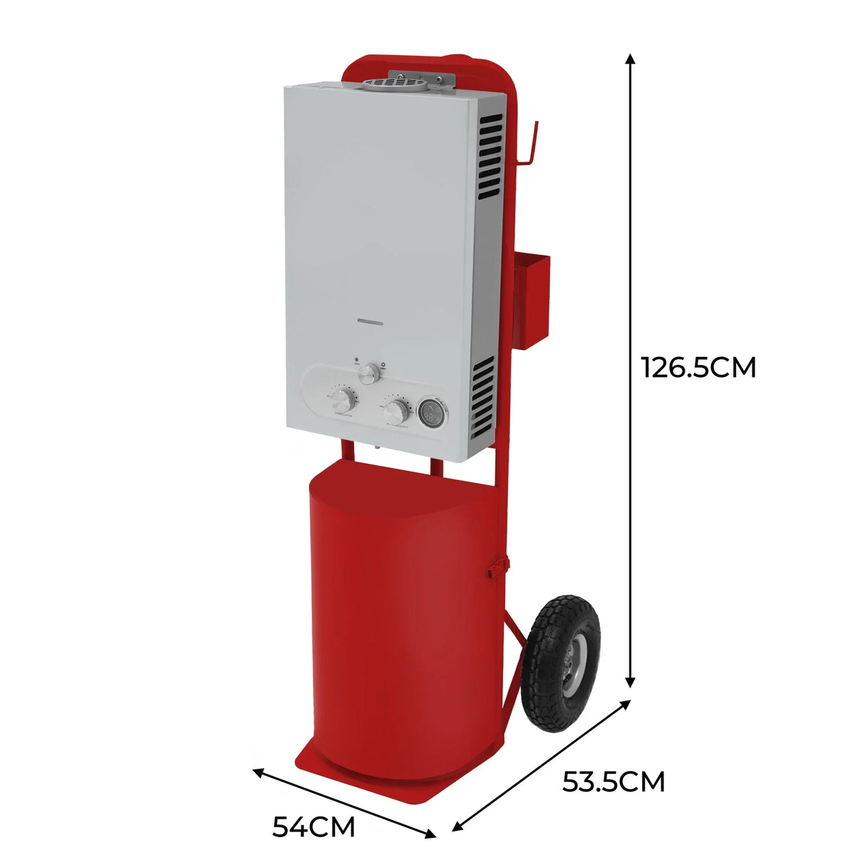 Deluxe Portable Horse Shower in vibrant red with a sleek silver control panel, featuring wheels for easy mobility and adjustable height