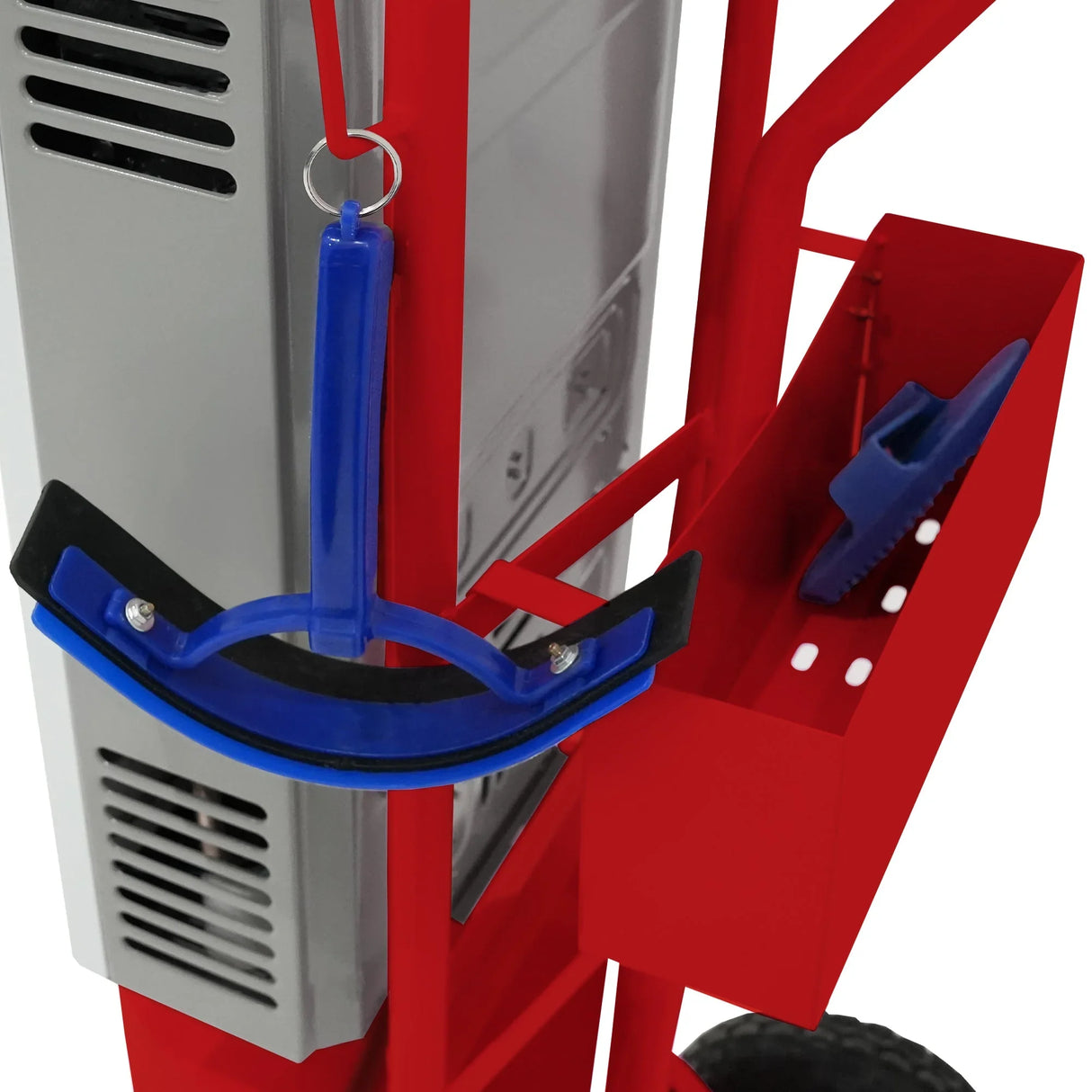 Deluxe portable horse shower in vibrant red with a sturdy handle, featuring a blue nozzle and organized tool storage compartment