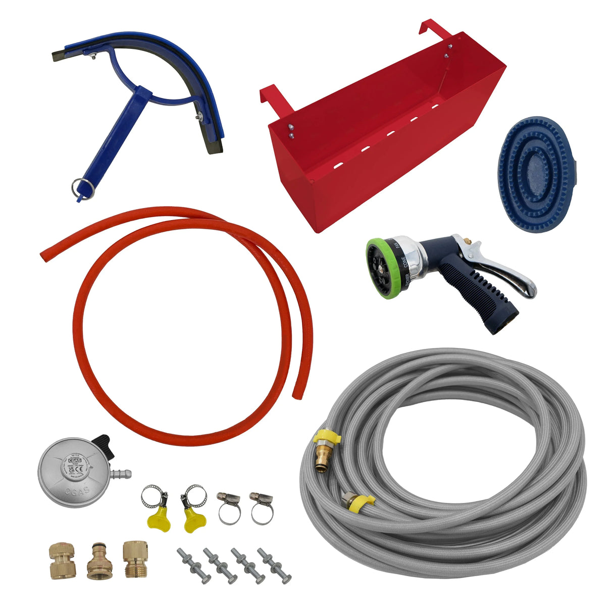 Deluxe Portable Horse Shower in red with hose, nozzle, connectors, and storage box, designed for convenient equine bathing