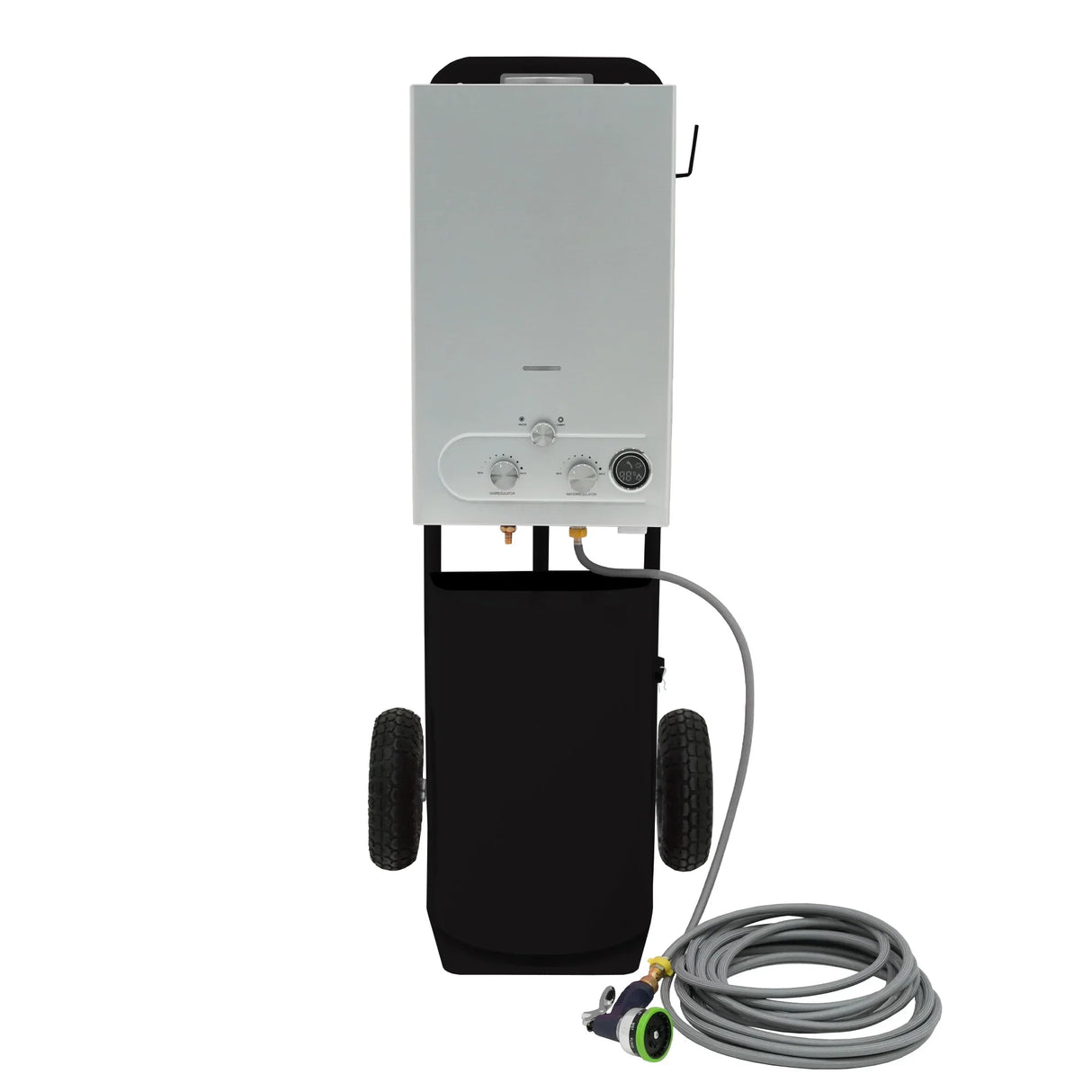 Deluxe Portable Horse Shower in black with a sleek design, featuring a silver control panel, hose, and sturdy wheels for easy mobility