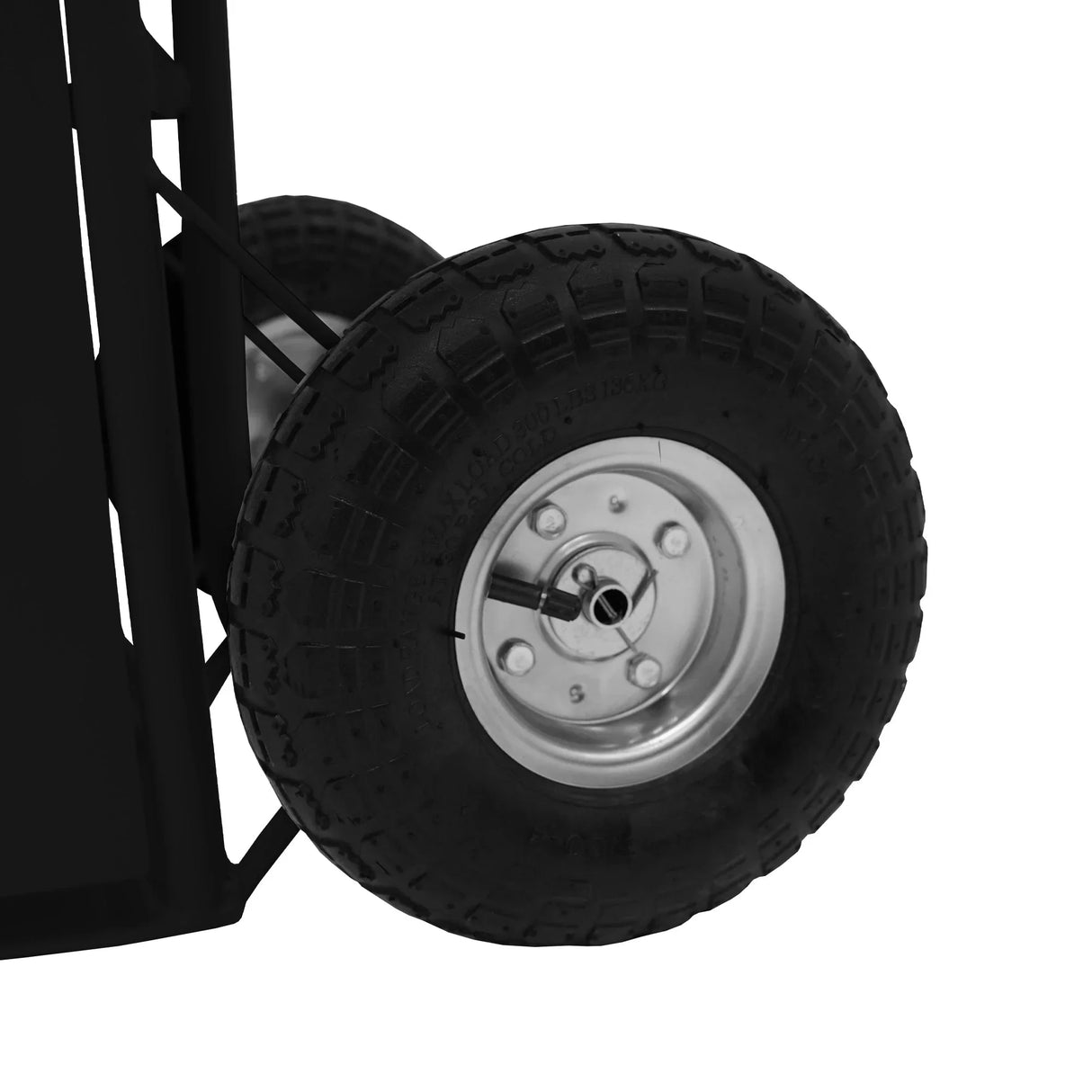 Close-up of the durable black wheel of the Deluxe Portable Horse Shower, featuring a rugged tread and sturdy metal rim for easy mobility