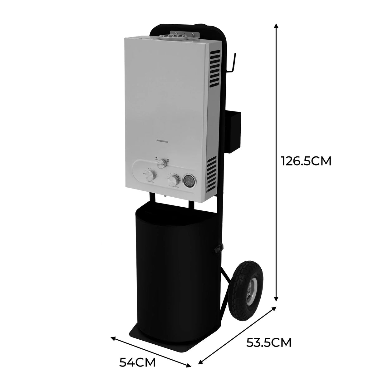 Deluxe Portable Horse Shower in black with a sleek design, featuring a stainless steel panel, adjustable temperature controls, and sturdy wheels for mobility
