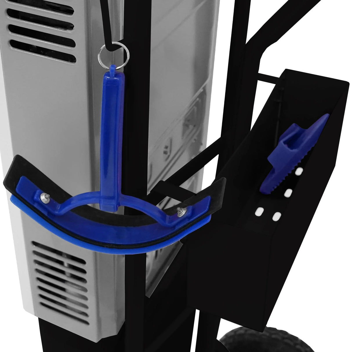 Portable horse shower in black with blue handle, featuring a sturdy design and attached storage for grooming tools and accessories