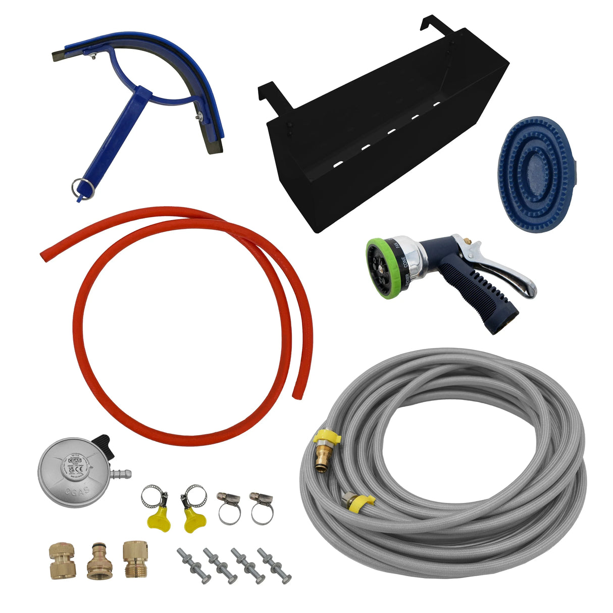 Deluxe Portable Horse Shower in black with a hose, spray nozzle, connectors, and a wall-mounted holder for easy storage