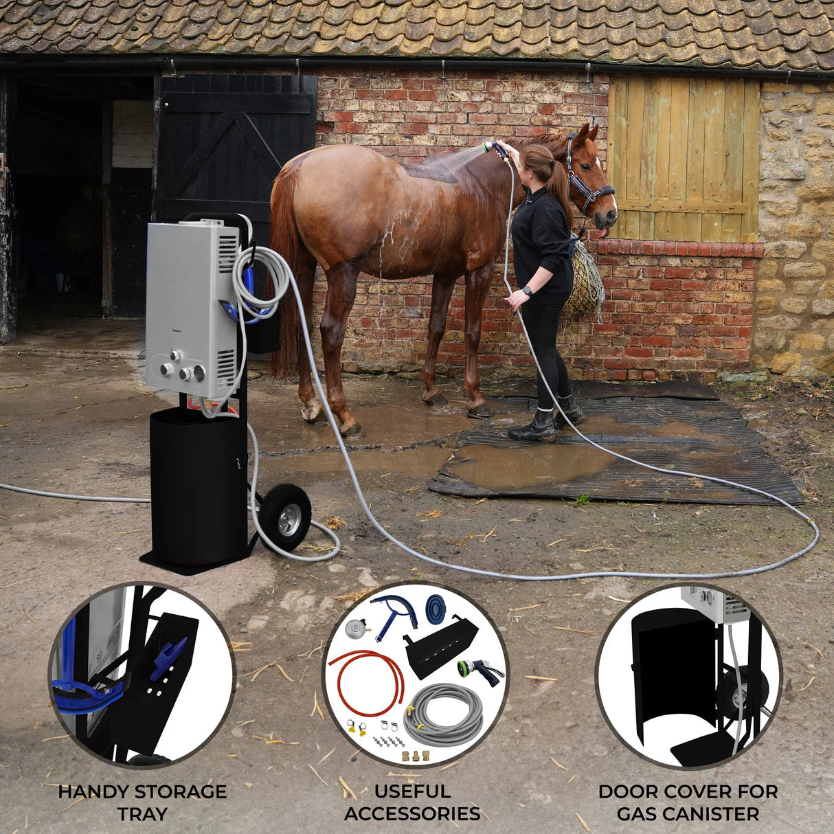 Deluxe Portable Horse Shower in black with a handy storage tray, accessories, and a horse being washed in a stable setting