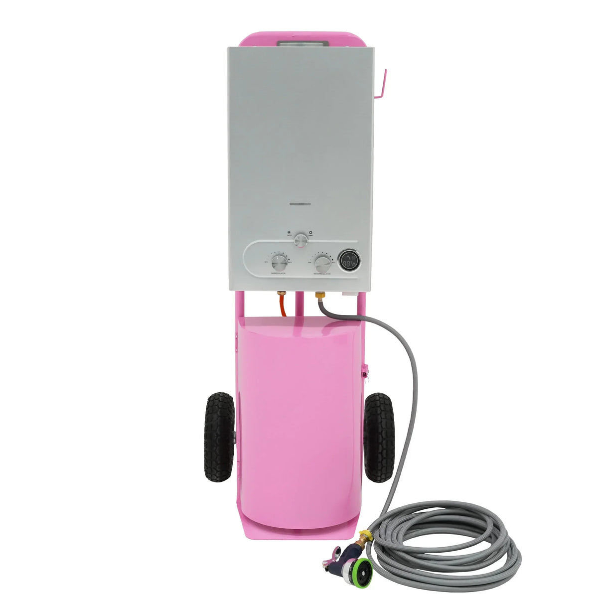 Deluxe Portable Horse Shower in pink with a sleek silver control panel, wheels for mobility, and a flexible hose for easy use