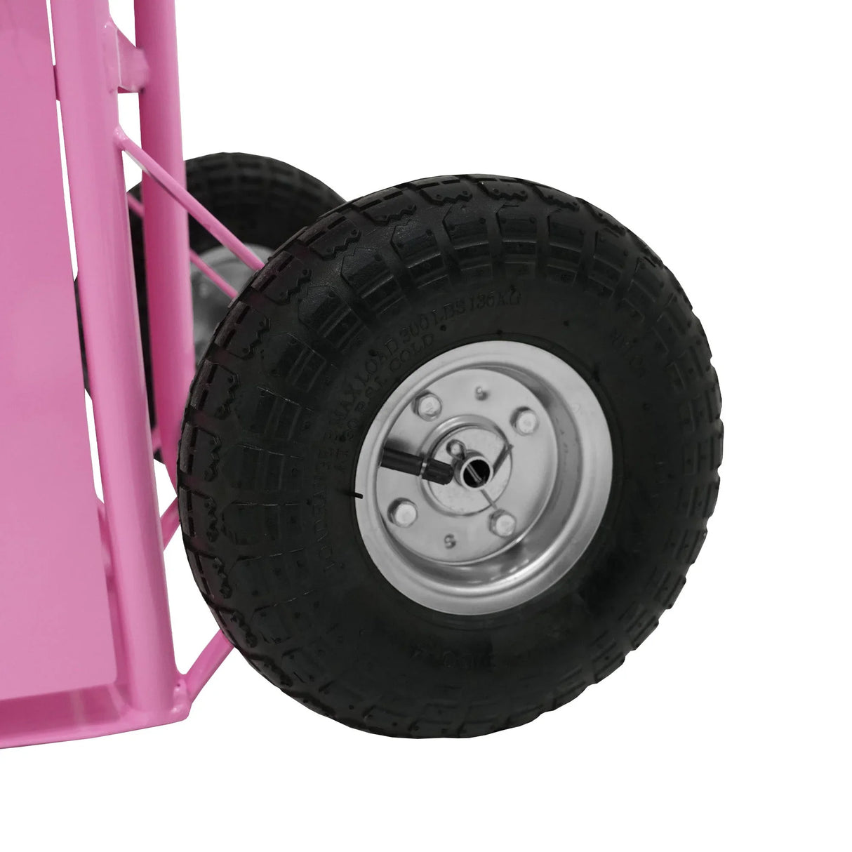 Close-up of a durable black rubber wheel on a pink portable horse shower, showcasing its sturdy design and all-terrain capability