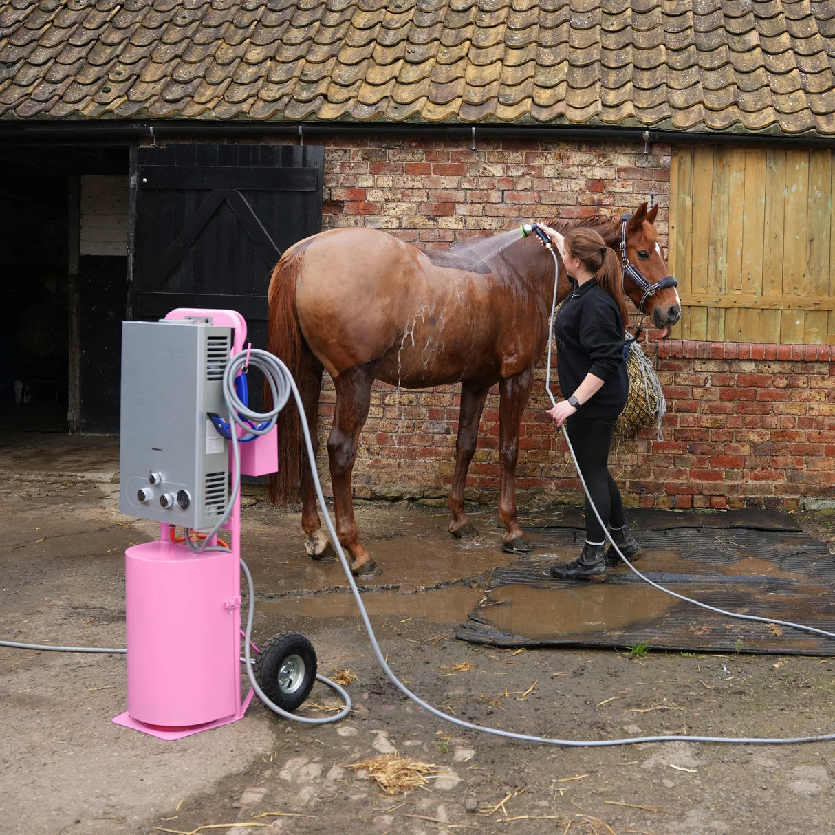 Deluxe Portable Horse Shower in pink, featuring a sleek design, connected hose, and a person bathing a brown horse outdoors