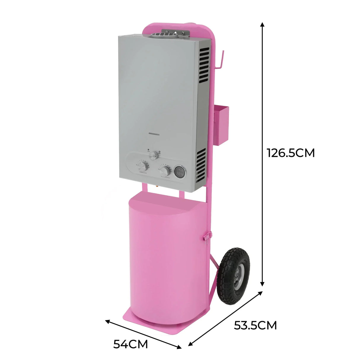Deluxe Portable Horse Shower in pink with a sleek silver control panel, mounted on a wheeled base for easy mobility