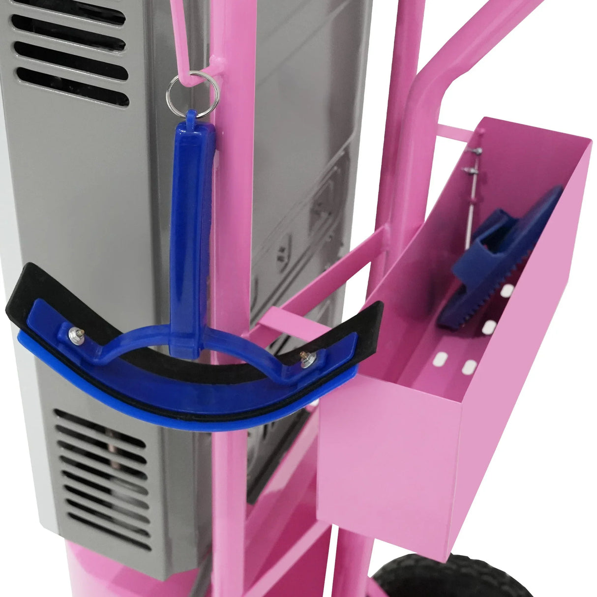 Deluxe Portable Horse Shower in pink with a blue handle and storage compartment, showcasing its practical design and vibrant color