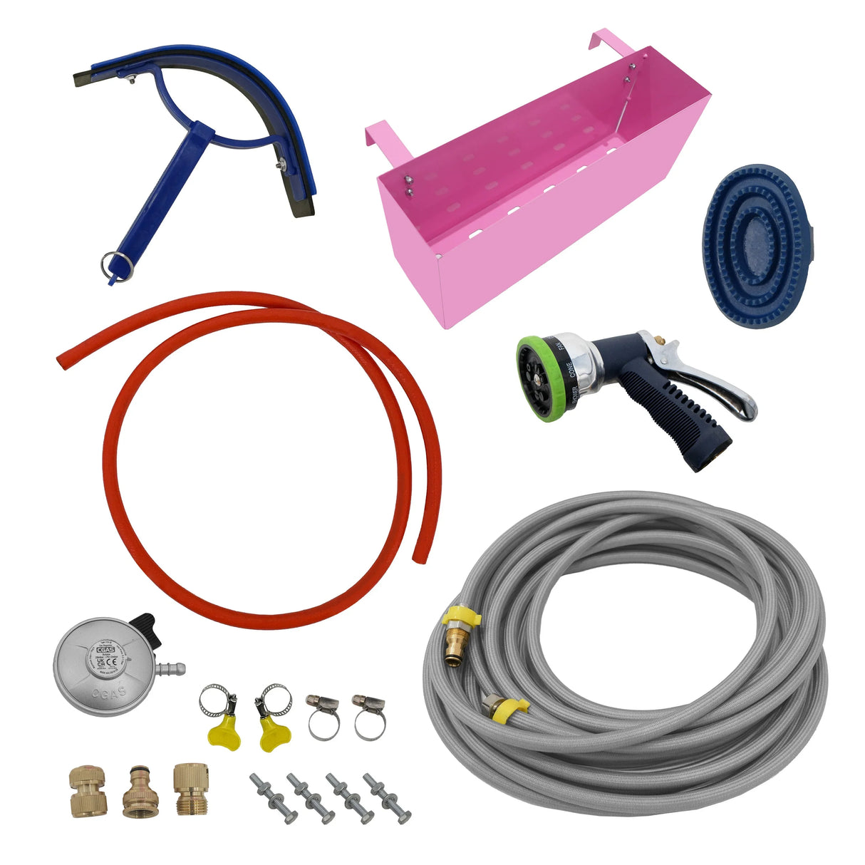 Deluxe Portable Horse Shower set in pink with hoses, spray nozzle, connectors, and a wall-mounted storage basket for convenience