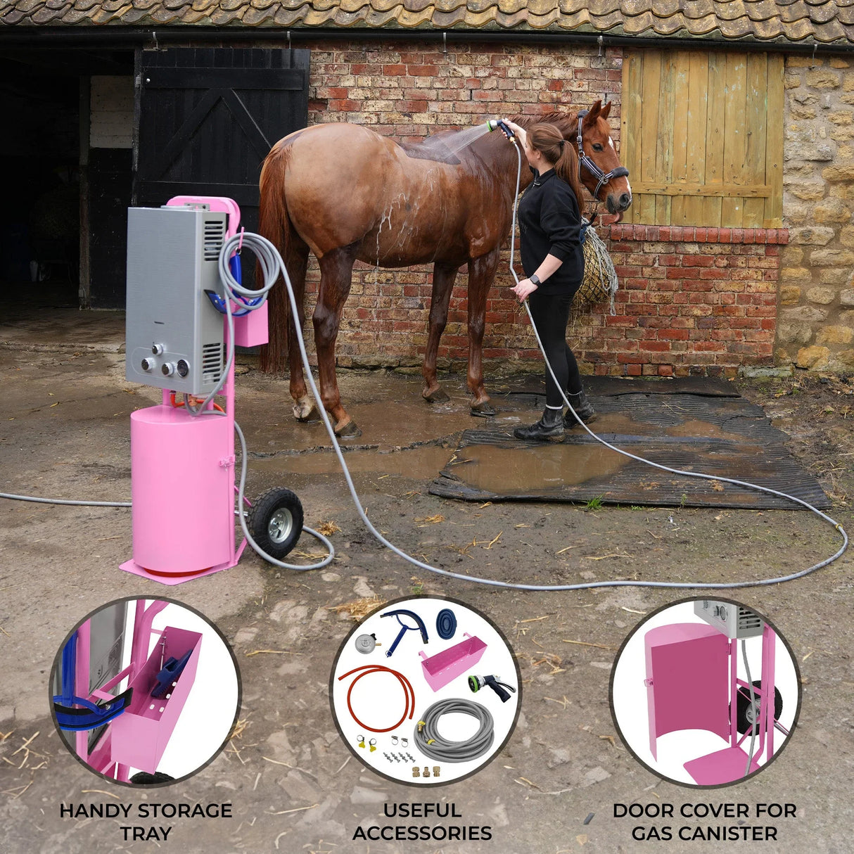 Deluxe Portable Horse Shower in pink with storage tray, accessories, and a horse being washed in a rustic setting