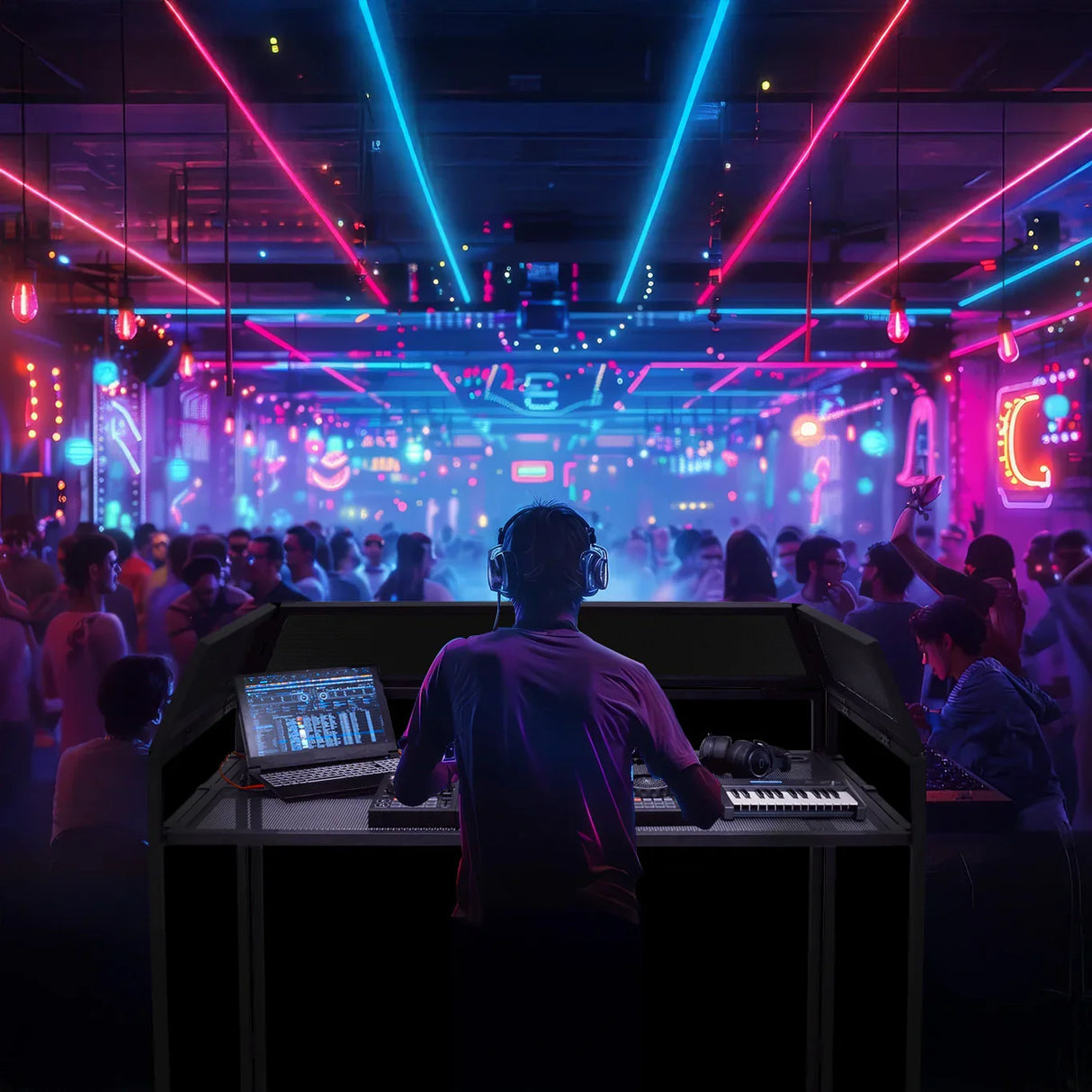 DJ Disco Booth Pro featuring a sleek black design, illuminated with vibrant neon lights, set against a lively dance floor scene