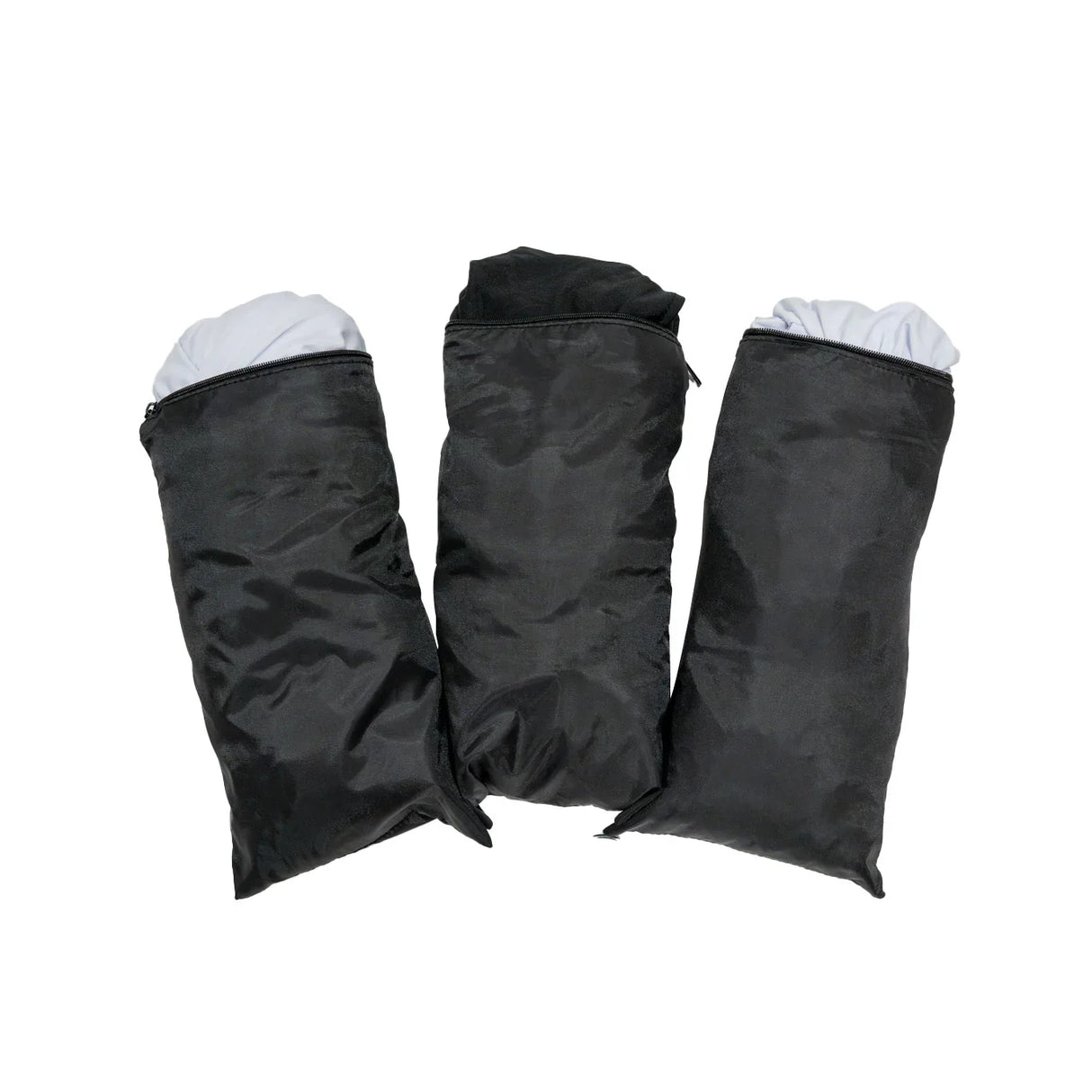 Three black fabric carrying bags with white tops, designed for the DJ Disco Booth Pro, showcasing a sleek, portable design