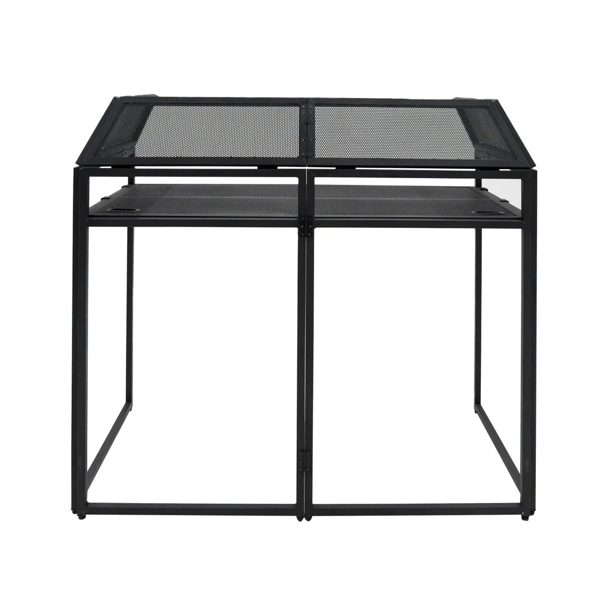 DJ Disco Booth Pro features a sleek black metal frame with a mesh top, designed for DJs, offering a modern and sturdy setup