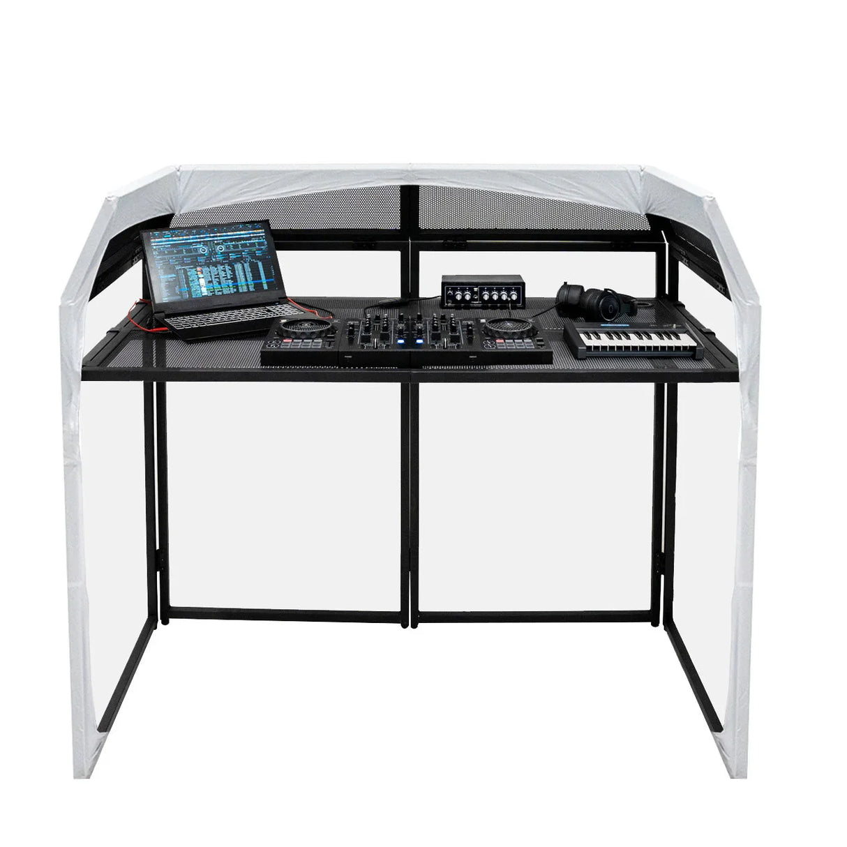 DJ Disco Booth Pro features a sleek black frame, spacious tabletop for equipment, and a protective white canopy for outdoor use