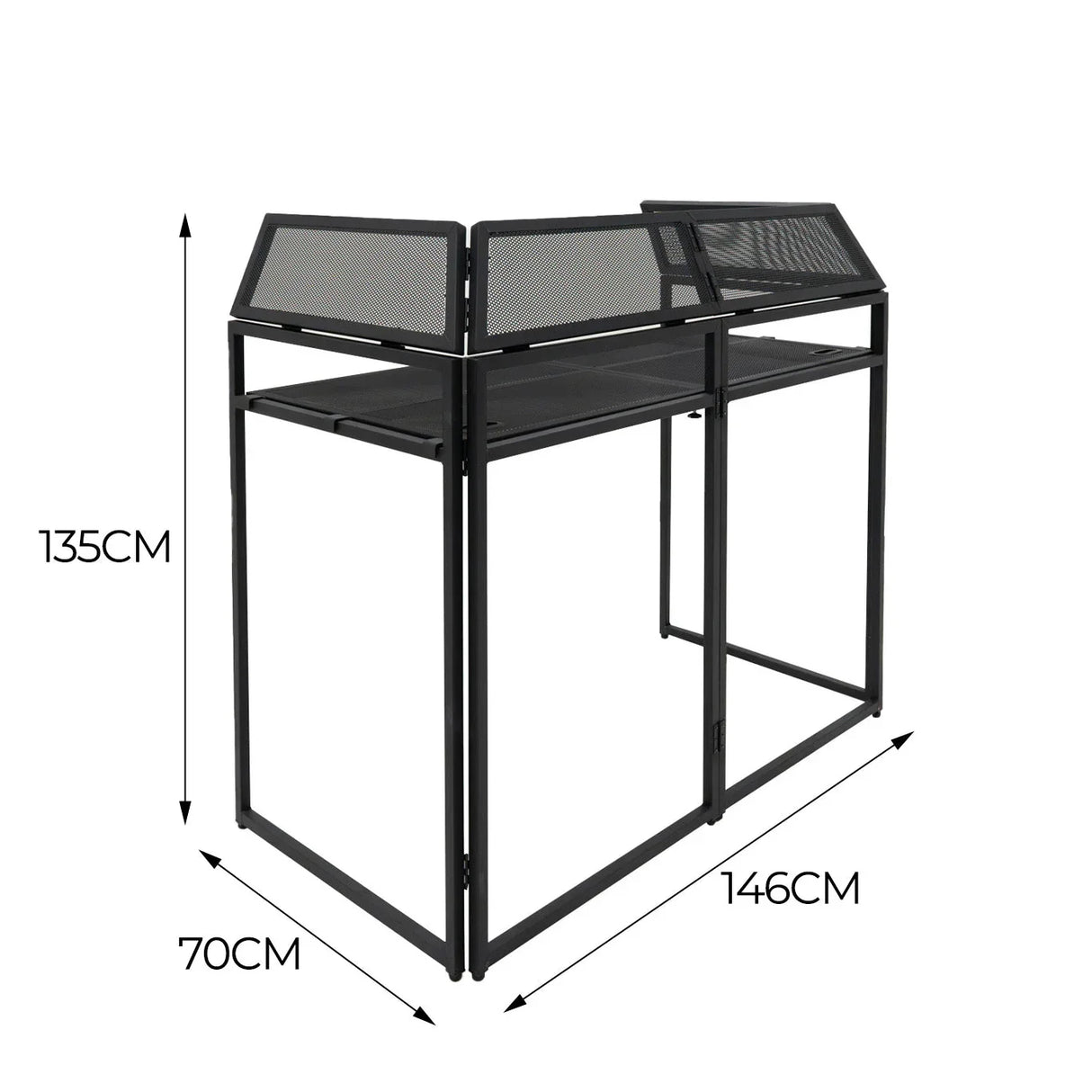 DJ Disco Booth Pro features a sleek black metal frame with mesh panels, measuring 135cm high, 146cm wide, and 70cm deep, ideal for DJs