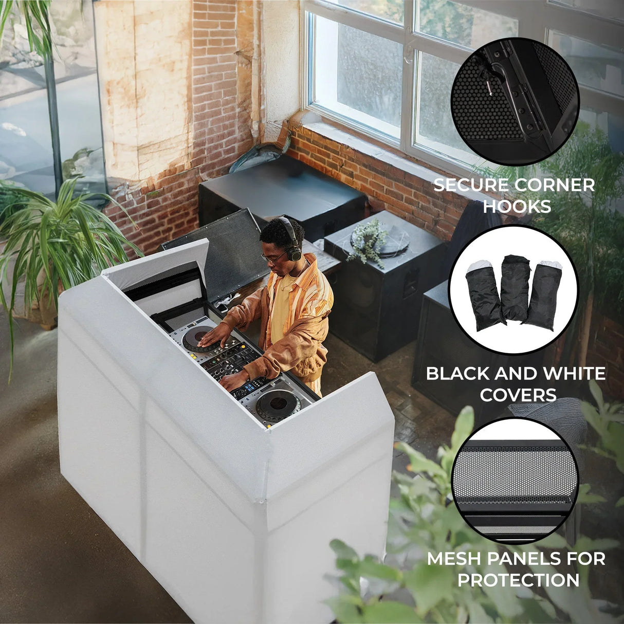 DJ Disco Booth Pro featuring a sleek white design, secure corner hooks, and protective mesh panels, perfect for events and performances