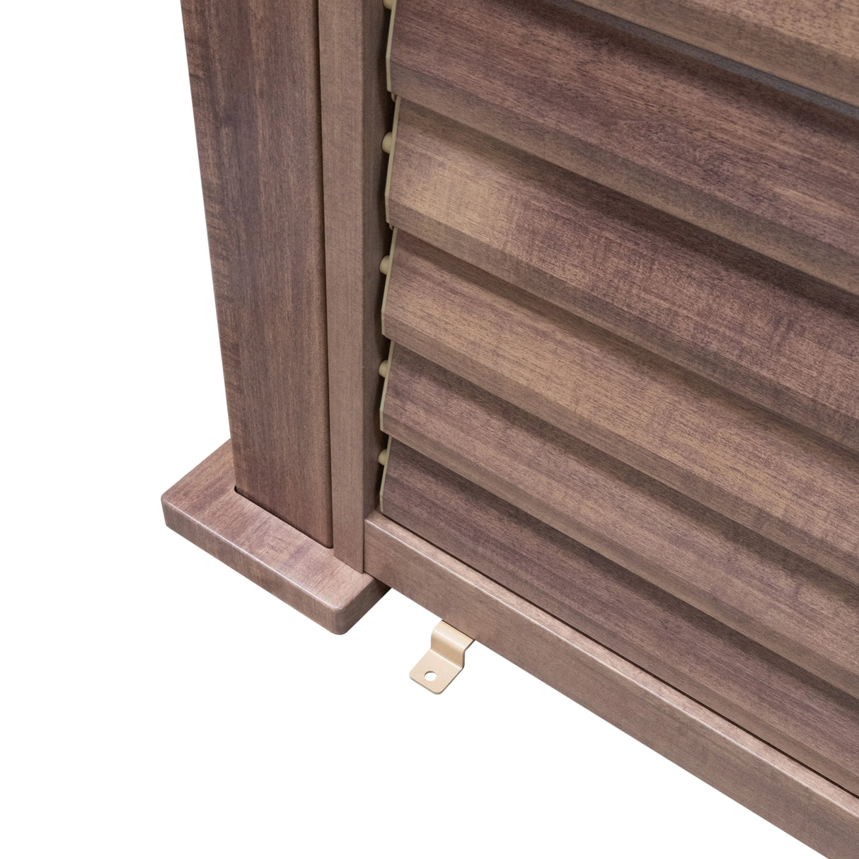 Wood effect aluminium pergola shutter panel in a warm brown finish, featuring horizontal slats and a sturdy base for outdoor use