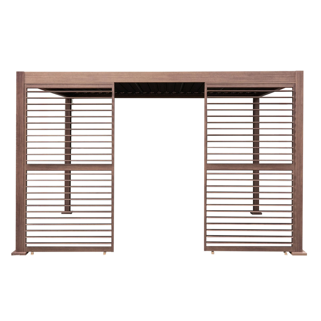 Wood effect aluminum pergola shutter panel, 123cm wide, featuring horizontal slats in a rich brown finish, ideal for outdoor spaces