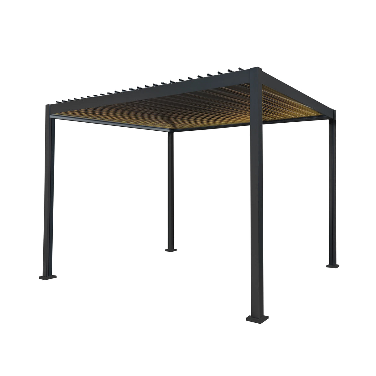 Anthracite aluminum pergola with LED lights, 3m x 3m, featuring a sleek design, sturdy frame, and modern slatted roof for outdoor elegance