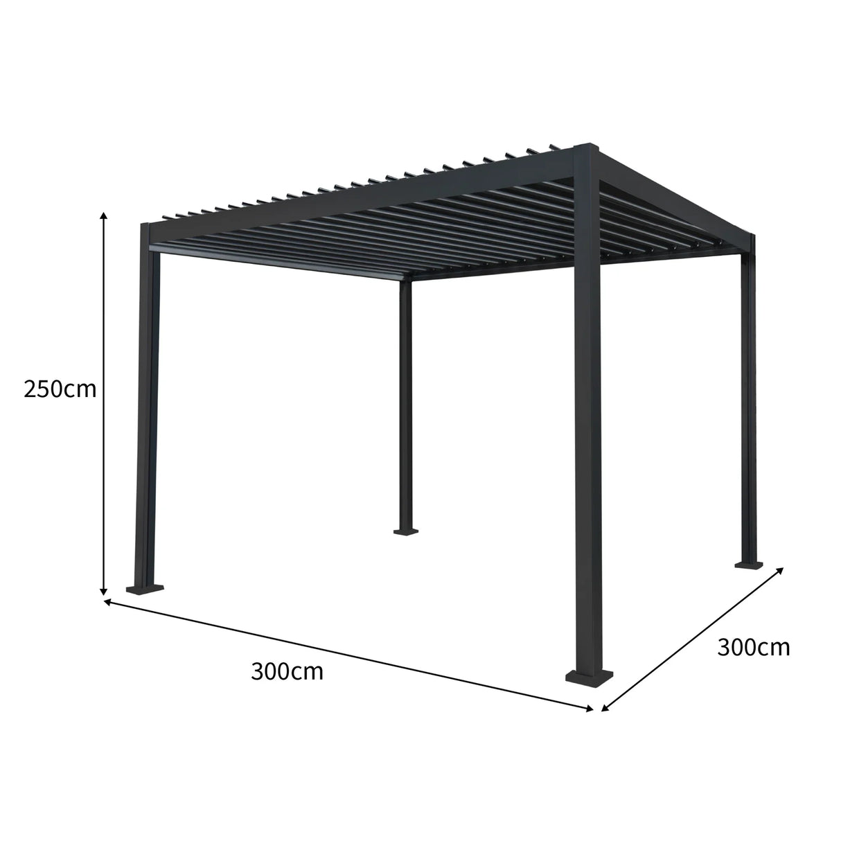 Anthracite aluminium pergola measuring 3m x 3m, featuring a sleek design with slatted roof and sturdy legs, ideal for outdoor spaces
