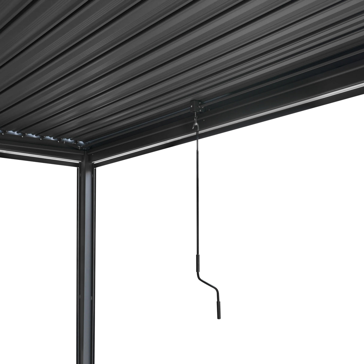 Anthracite aluminum pergola interior view showcasing LED lights, adjustable slats, and sleek modern design for outdoor spaces