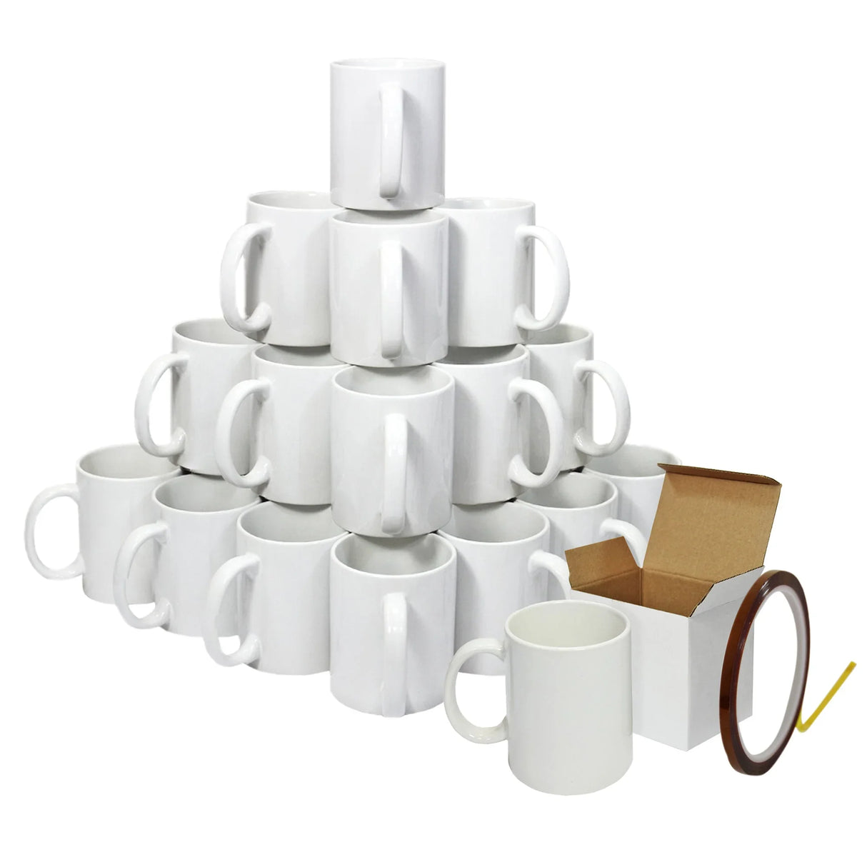 Stacked white sublimation mugs arranged in a pyramid with one in an open brown box and a roll of heat tape beside them.