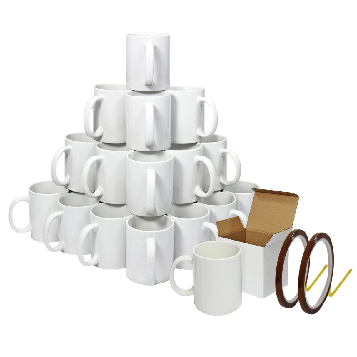 Stack of 72 plain white ceramic mugs arranged in pyramid with open cardboard box and two rolls of heat tape.