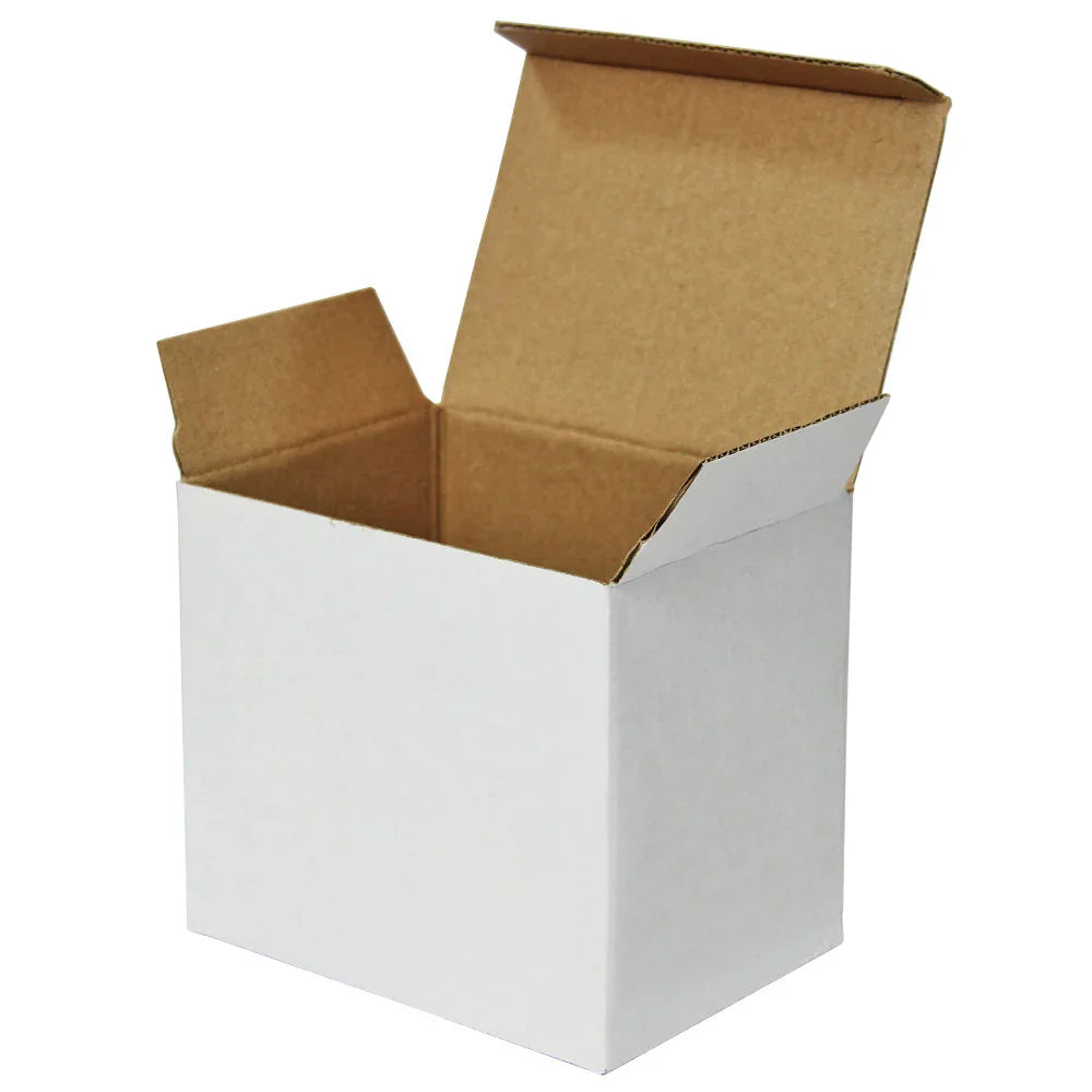 Open white cardboard shipping box with brown interior on white background.