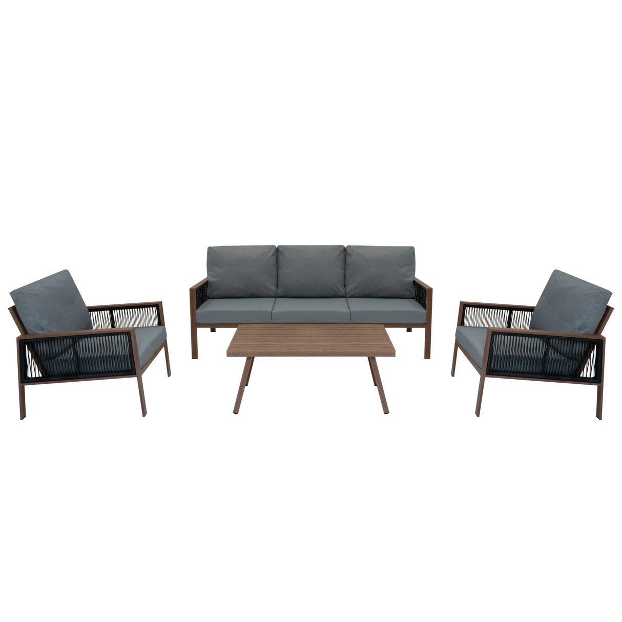 Aluminium 4 piece sofa set featuring a wood effect finish, gray cushions, and sleek lines, perfect for outdoor relaxation