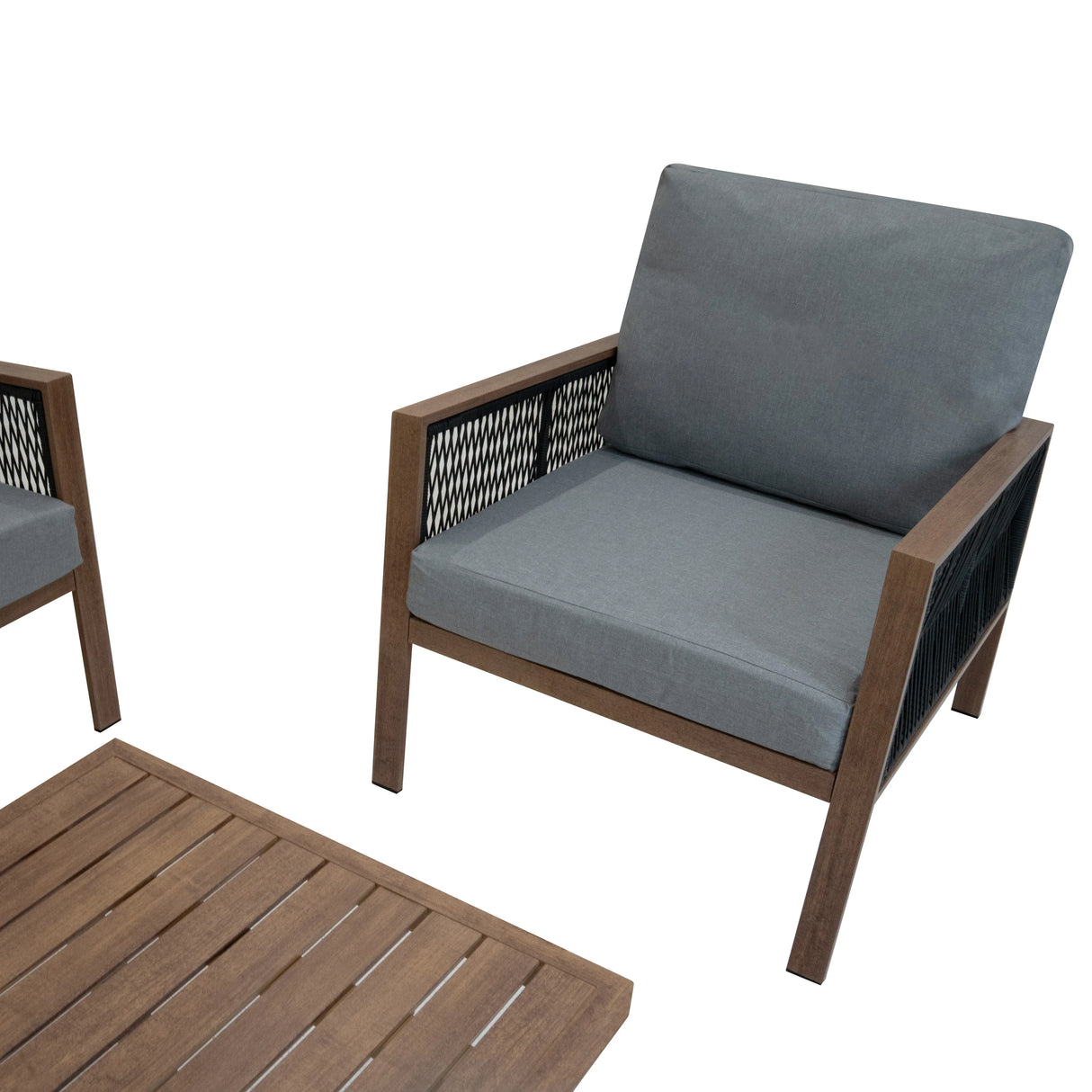 Aluminium 4 piece sofa set featuring wood effect frames, grey cushioned seats, and a slatted coffee table for outdoor comfort