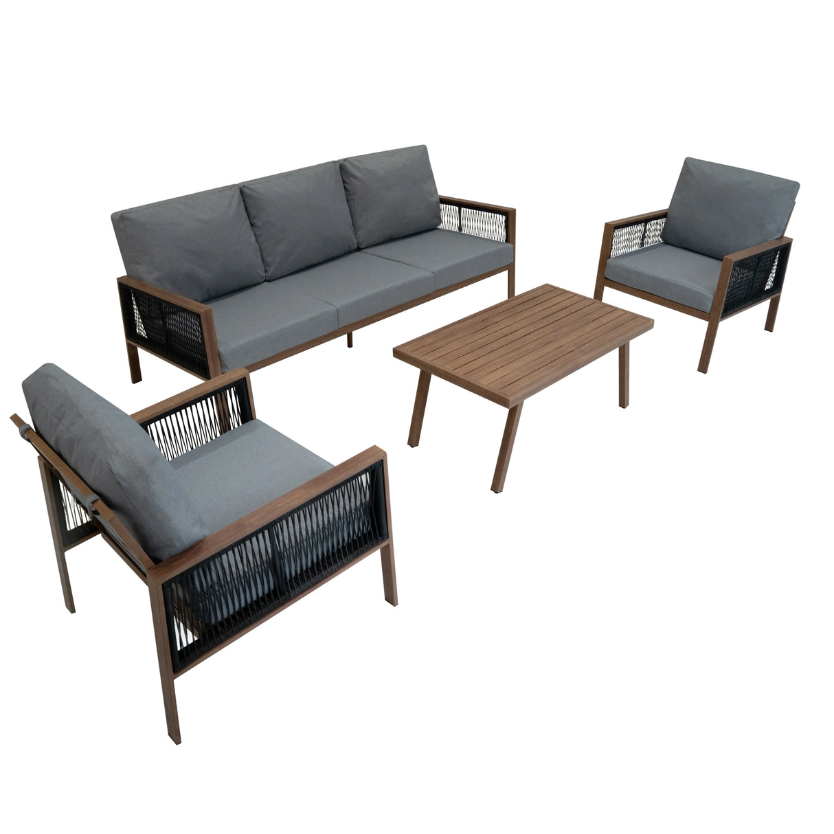 Aluminium 4 piece sofa set with wood effect, featuring grey cushions, sleek lines, and a modern design for outdoor relaxation