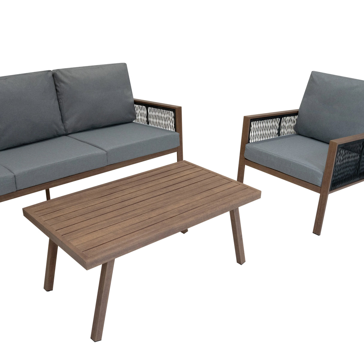 Aluminium 4 piece sofa set featuring wood effect, gray cushions, and sleek design, perfect for outdoor relaxation and style