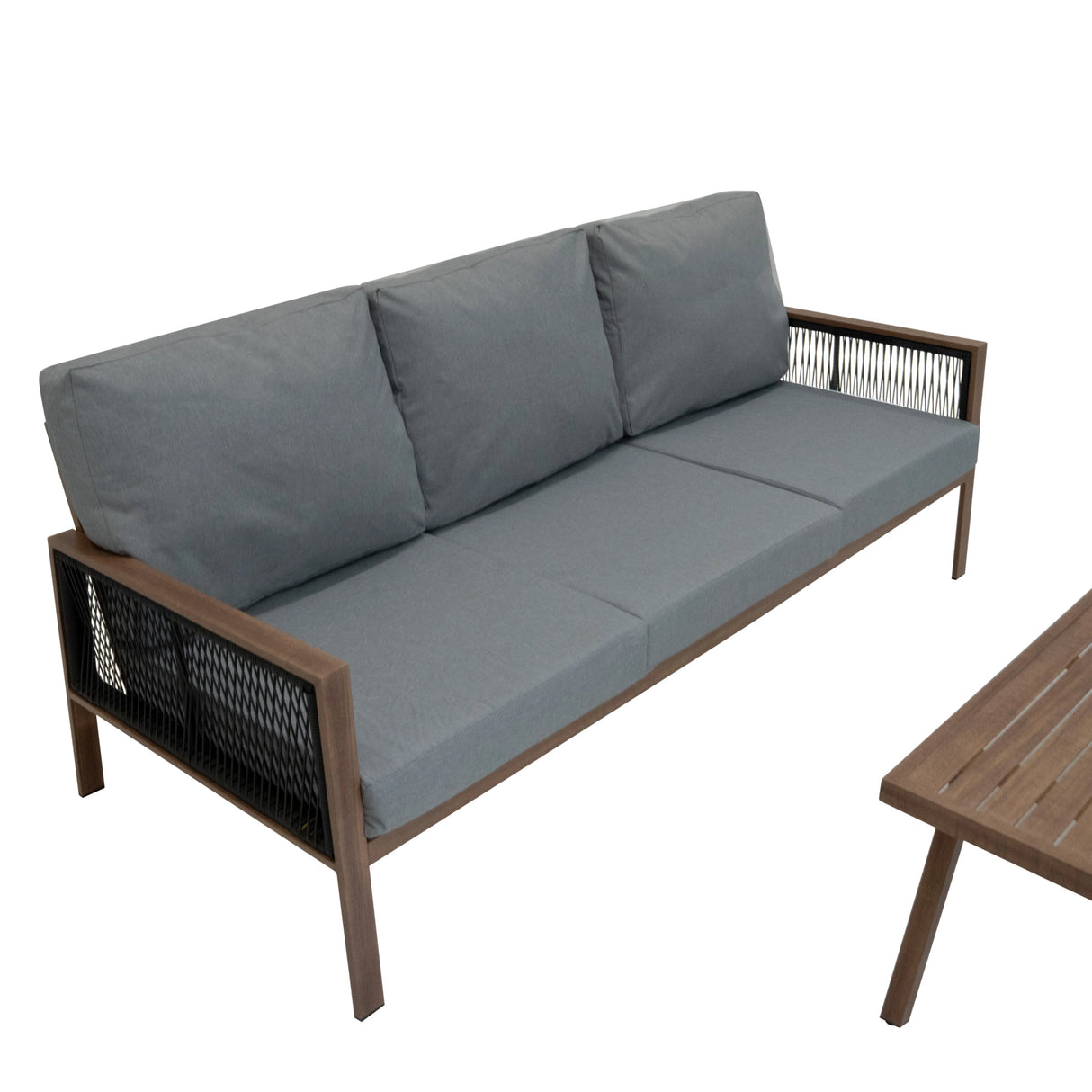 Aluminium 4 piece sofa set featuring a wood effect frame, grey cushioned seats, and stylish mesh detailing for outdoor comfort