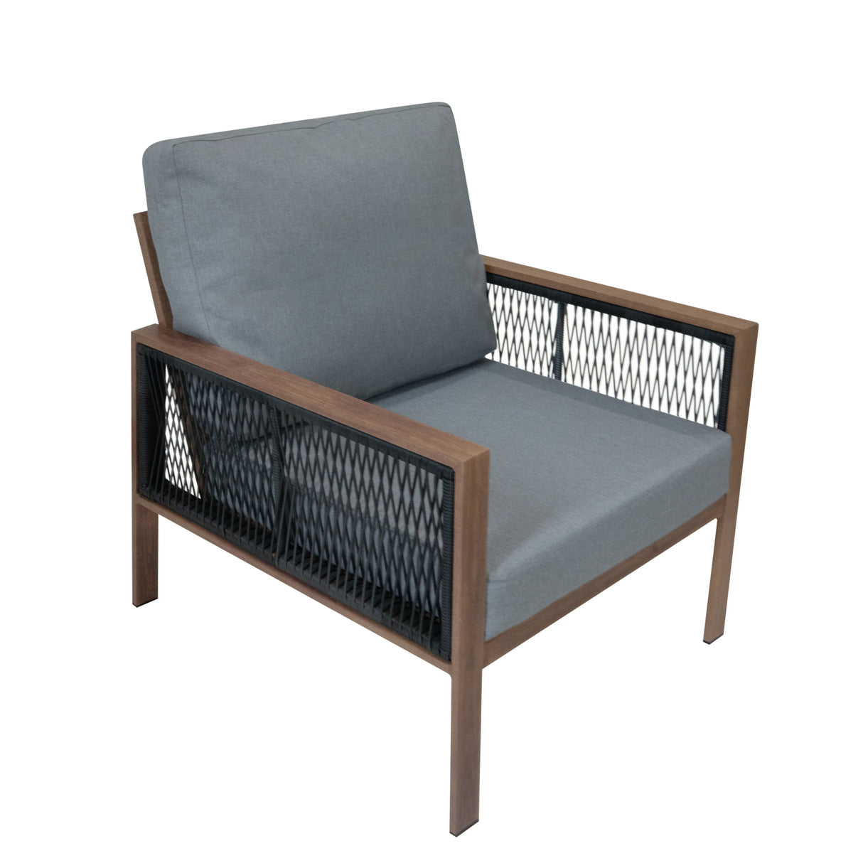 Aluminium 4 piece sofa set featuring a wood effect frame, grey cushions, and a modern design with mesh detailing for outdoor use
