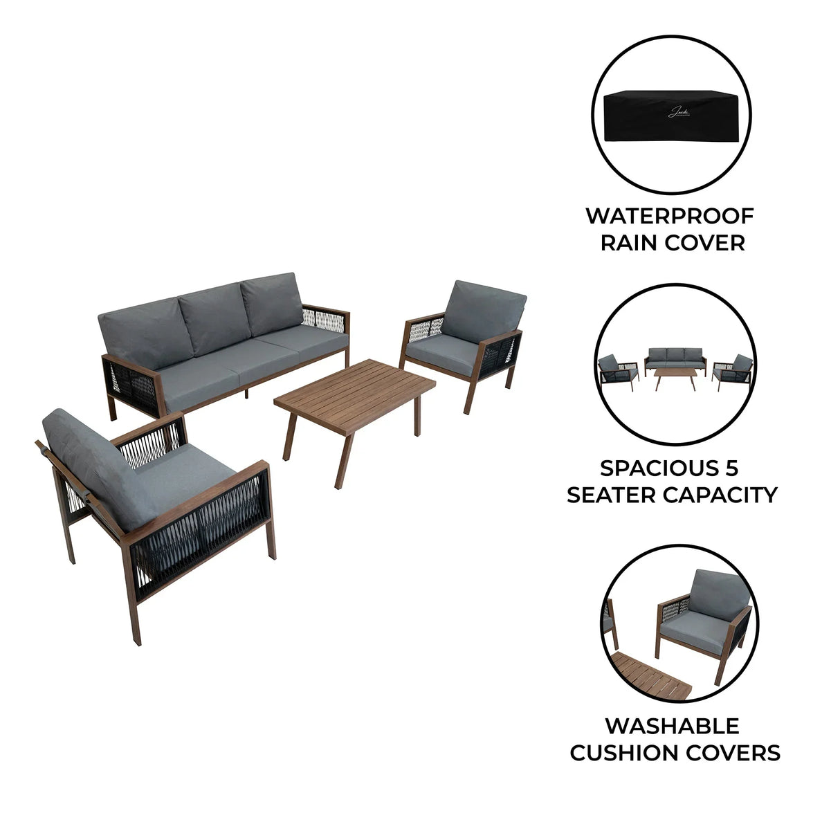Aluminium 4 piece sofa set featuring a wood effect, gray cushions, and a spacious design, includes a waterproof cover and washable cushion covers