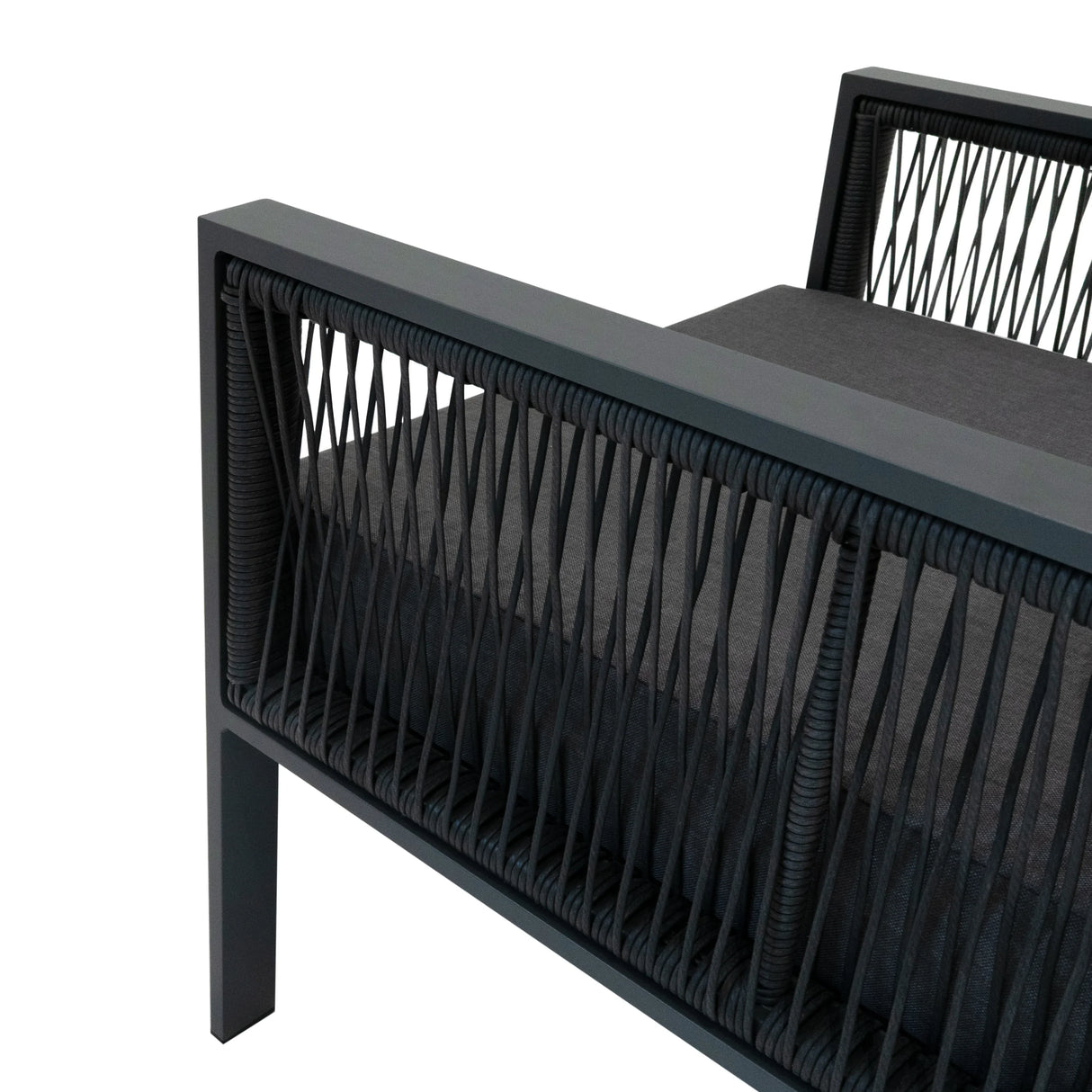 Anthracite grey aluminium sofa set with sleek lines, woven detailing, and plush cushions, perfect for modern outdoor spaces