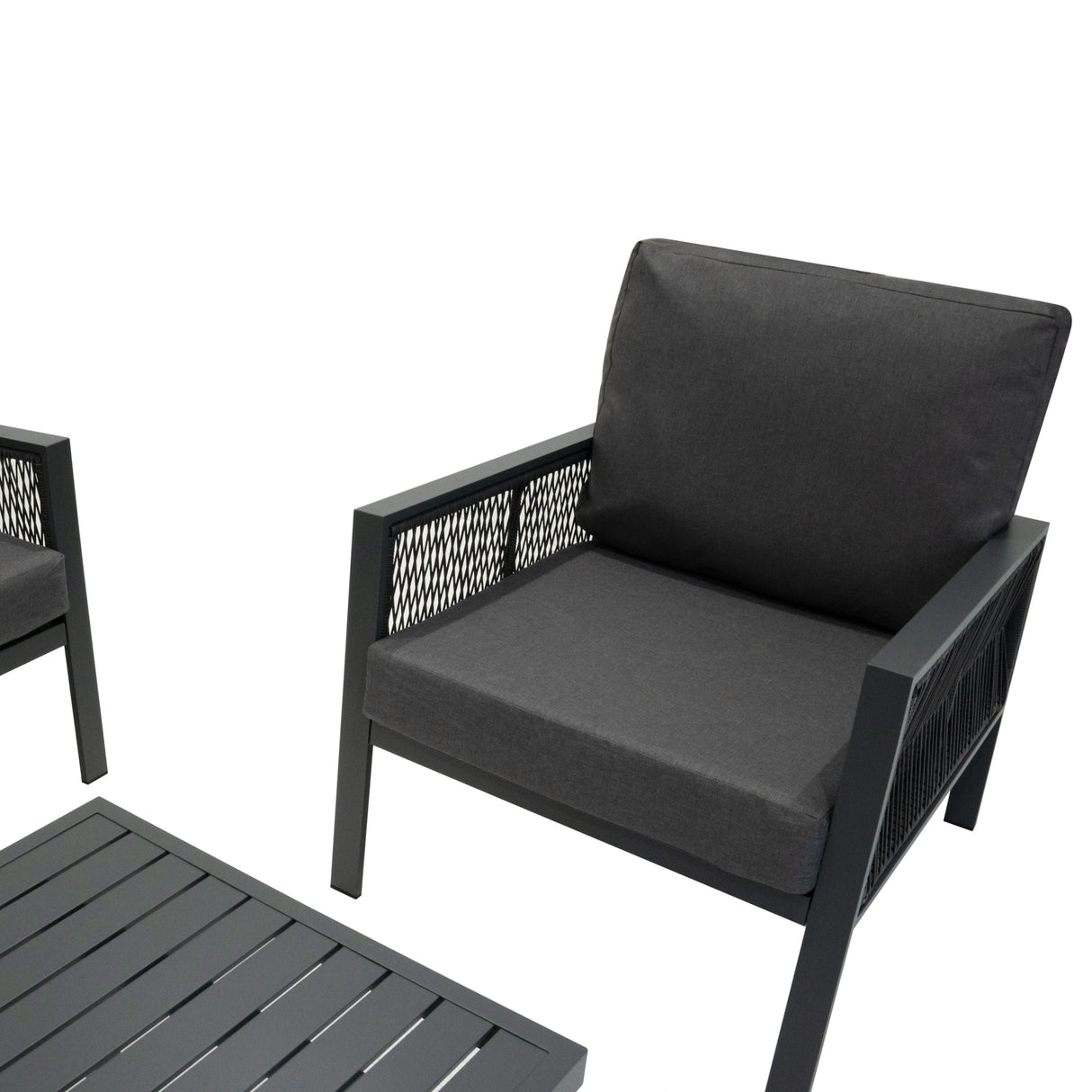 Anthracite grey aluminium sofa set featuring a modern design with plush cushions and a sleek, slatted coffee table