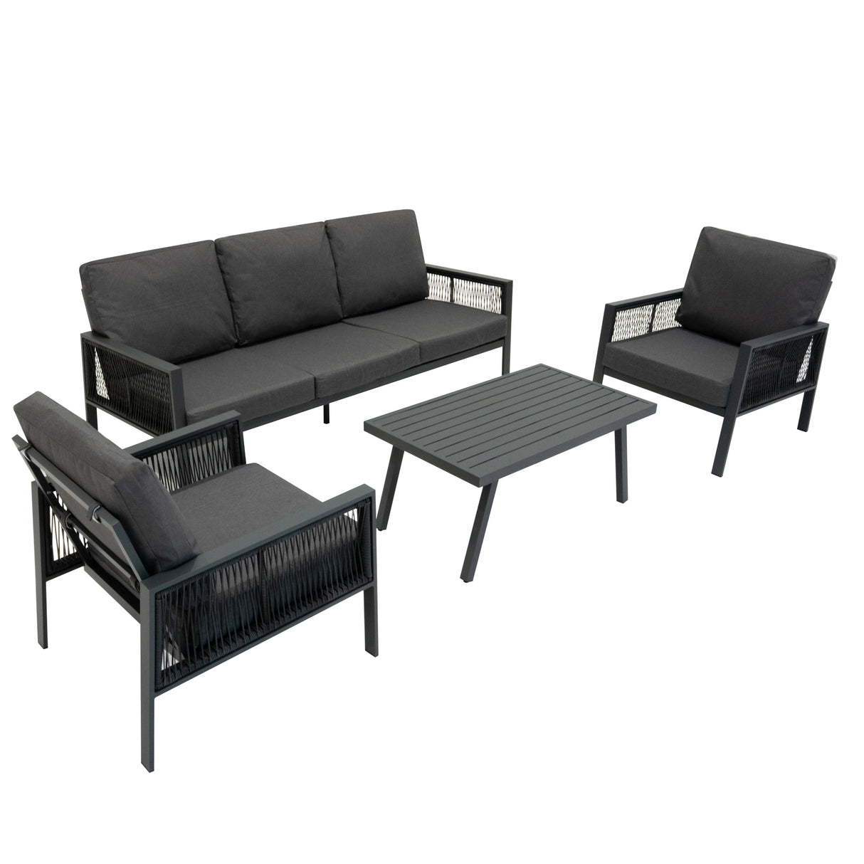 Anthracite grey aluminium 4-piece sofa set featuring a sleek design, comfortable cushions, and a modern slatted coffee table